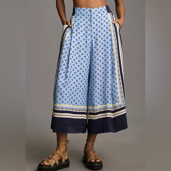 Anthropologie Maeve Printed Pleated Blue Geometric A-Line Culottes - Picture 1 of 10